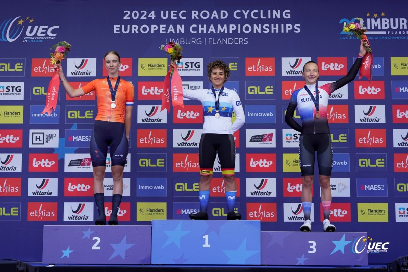 2024 UEC Road European Championships - Limburg - Flanders - Women Junior Individual Time Trial 13,3 km - 11/09/2024 - - Fee Knaven (NED) Paula Ostiz Taco (ESP) - Viktoria Chiodonova (SVK) - photo Luca Bettini/SprintCyclingAgency?2024